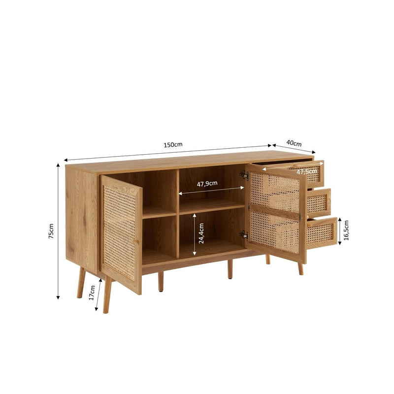 Large Buffet - Ines - Oak Effect and Rattan Cane