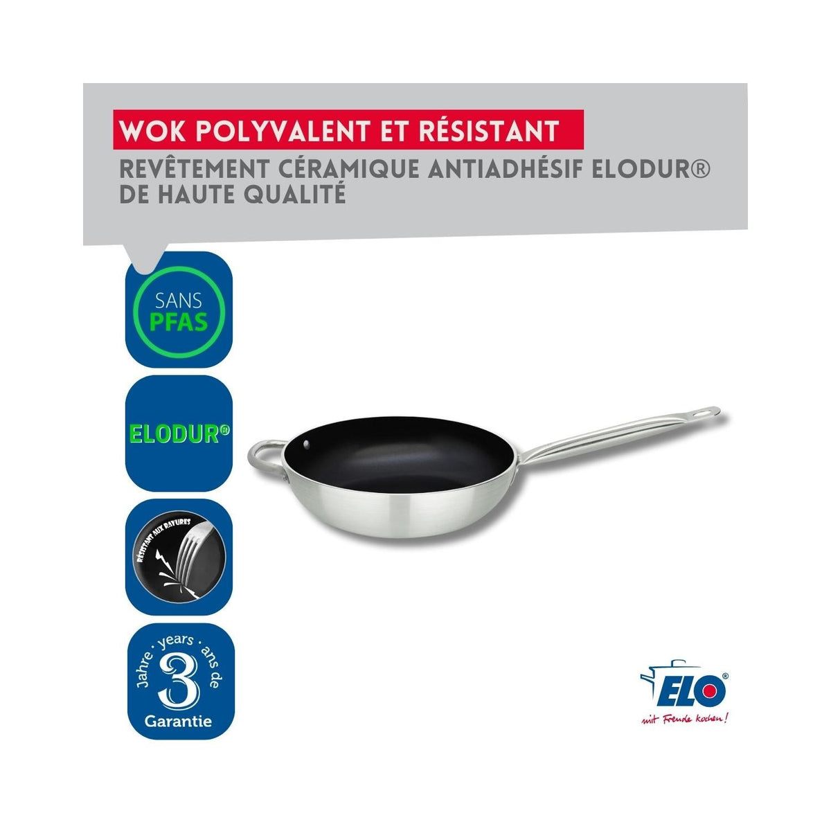 PFAS-Free Ceramic Wok Pan Bistro Line Elo - Grey/Black