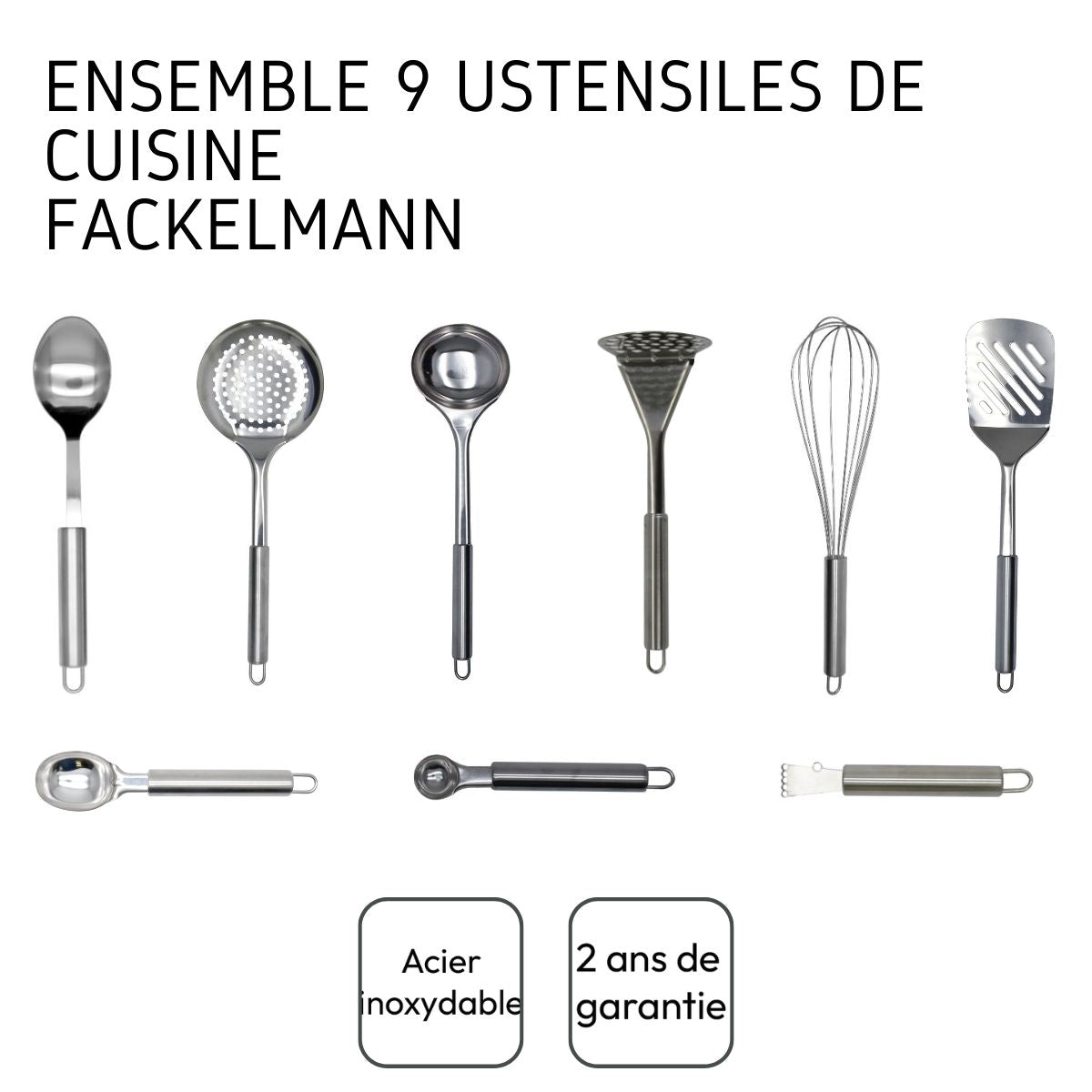 Ensemble Ustensiles De Cuisine 9 Pièces Fackelmann Elemental - Inox
