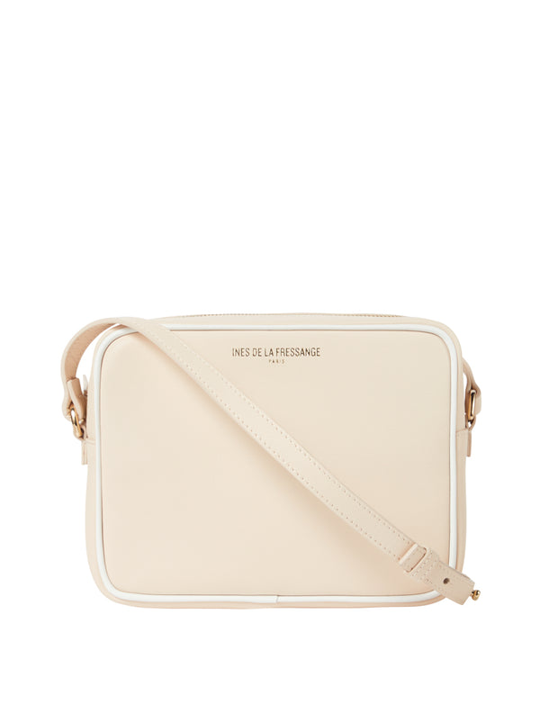 Ines De La Fressange – Bolso Bandolera Marcia - Rosa Empolvado Blanco, bolso bandolera beige claro con ribete blanco, vista frontal