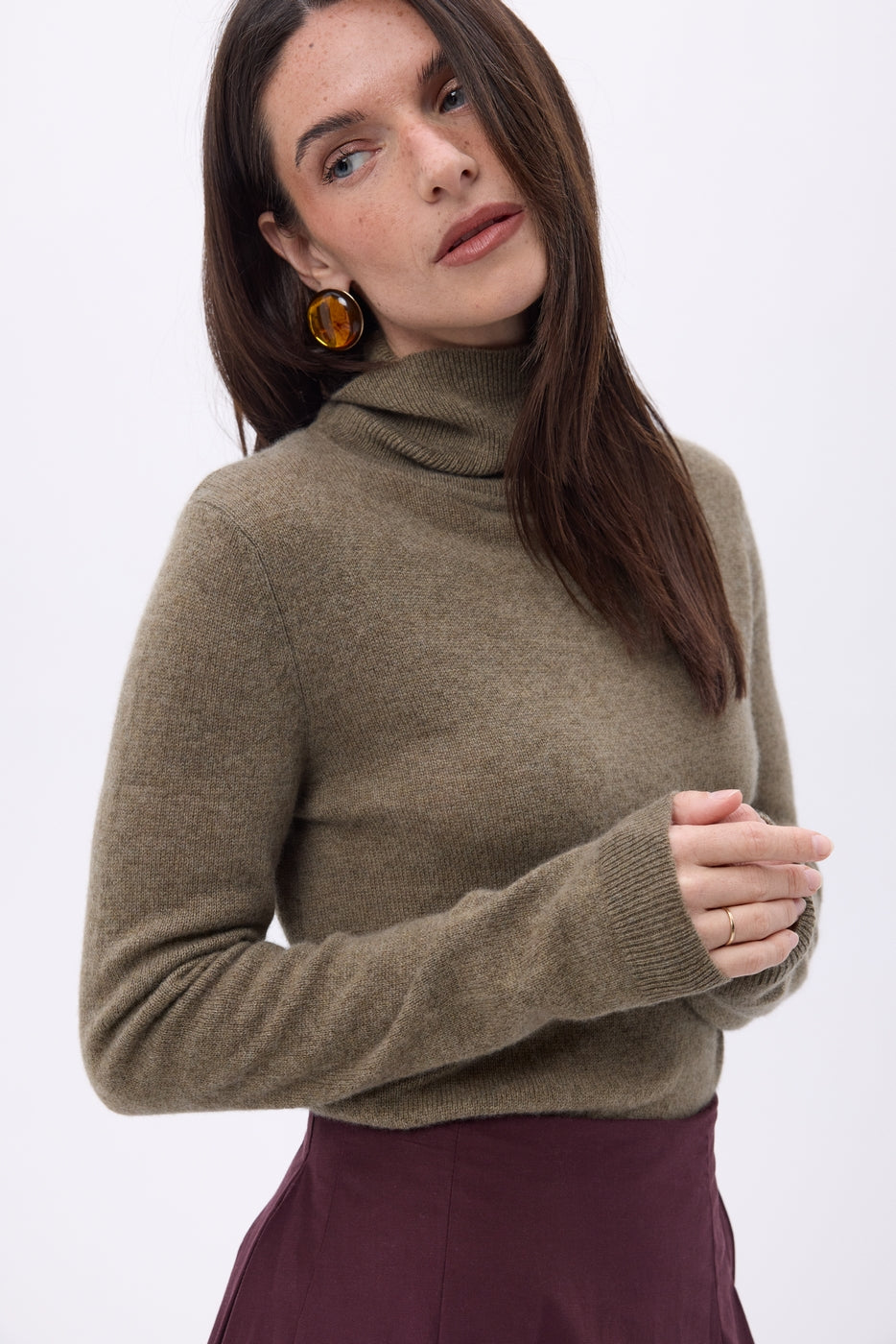Jersey de cuello alto Iris - Caqui jaspeado - Mujer