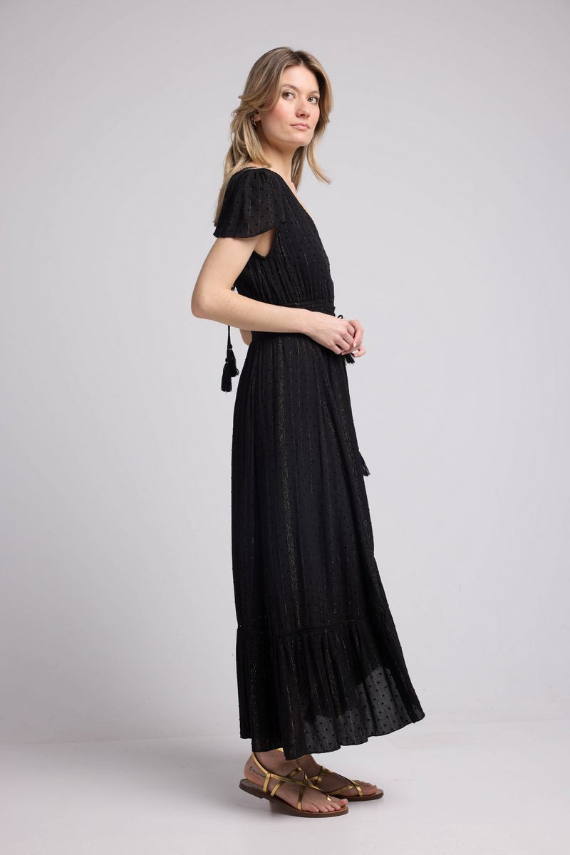Vestido Largo Manga Corta - Negro