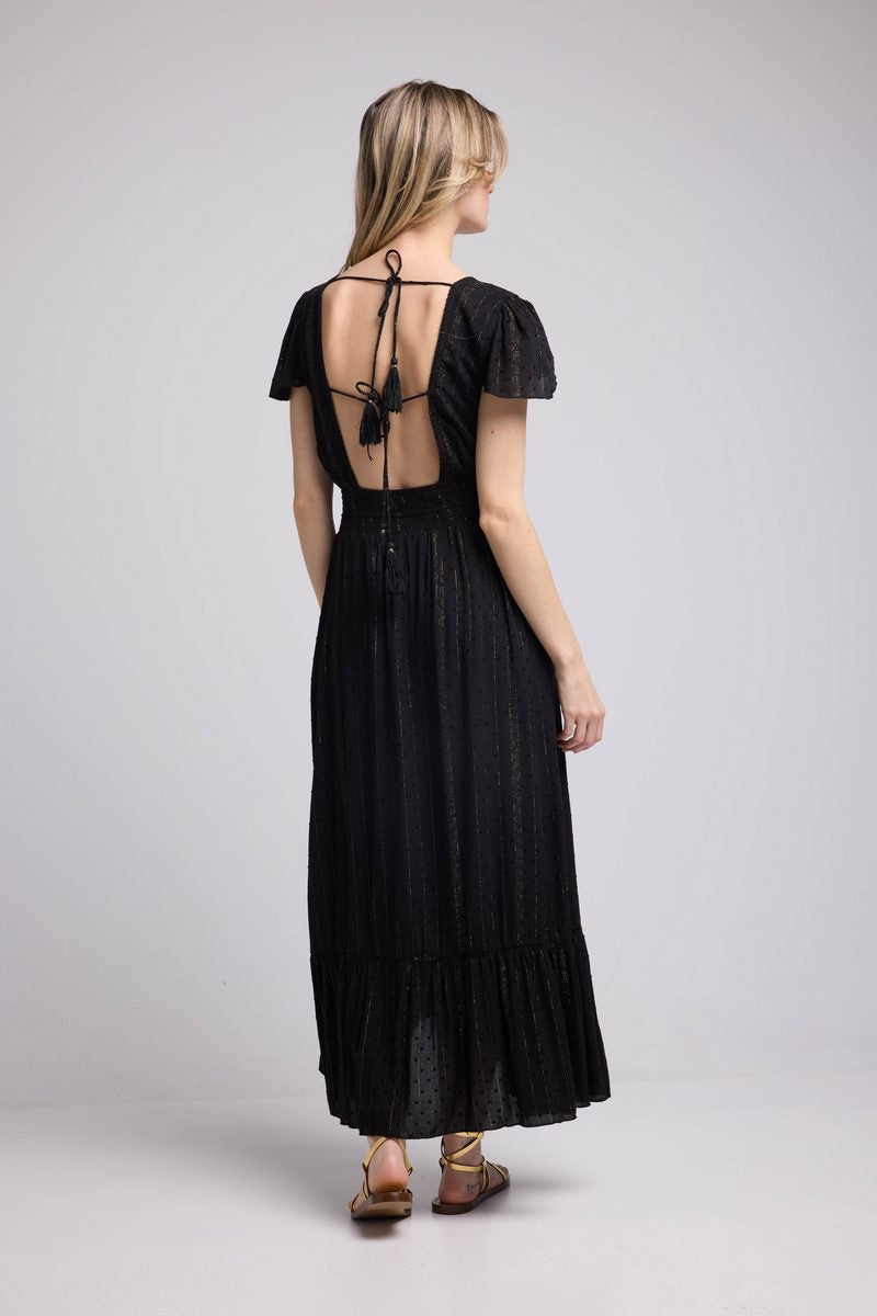 Vestido Largo Manga Corta - Negro