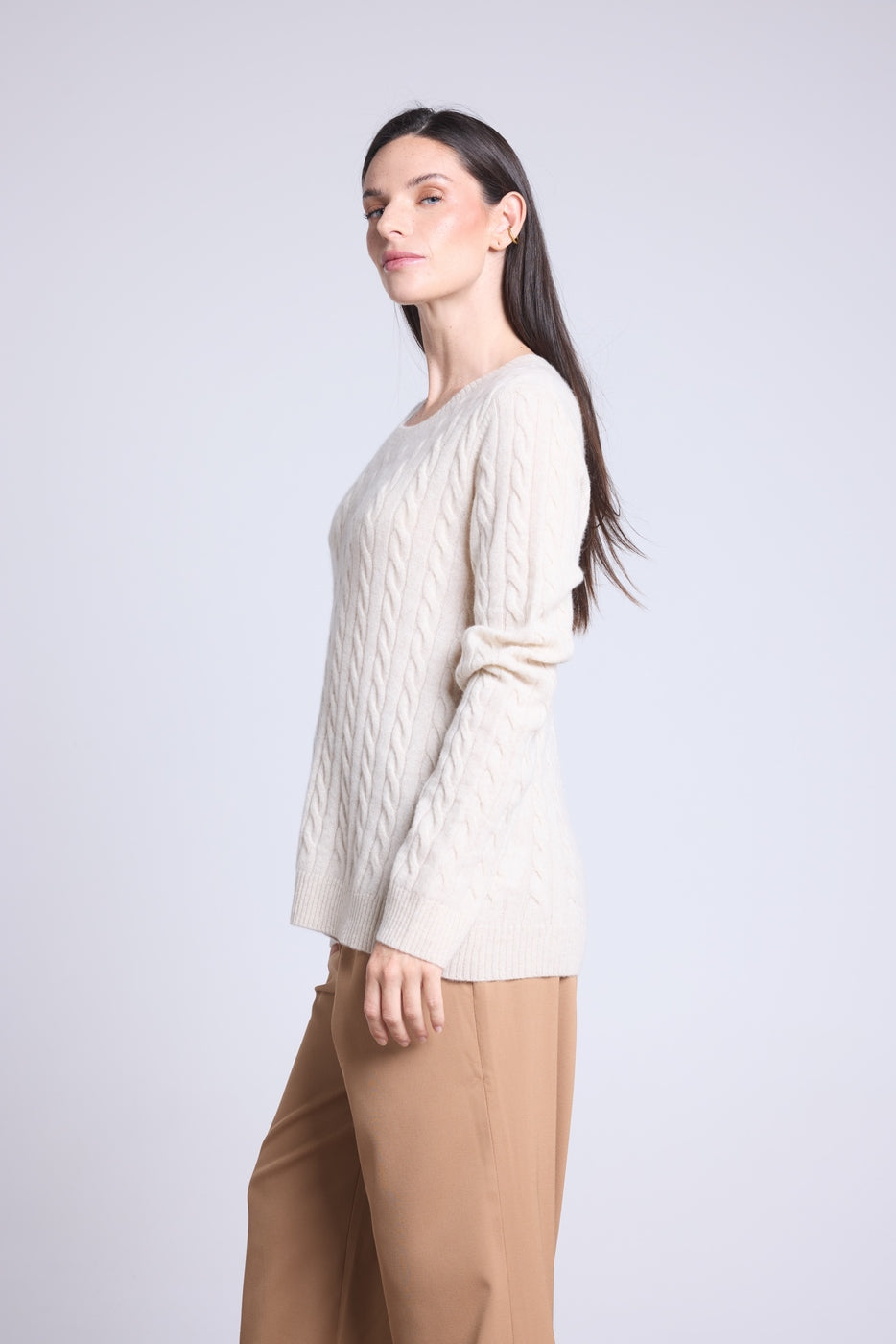 Jersey Isabella de cuello redondo trenzado - Crema - Mujer