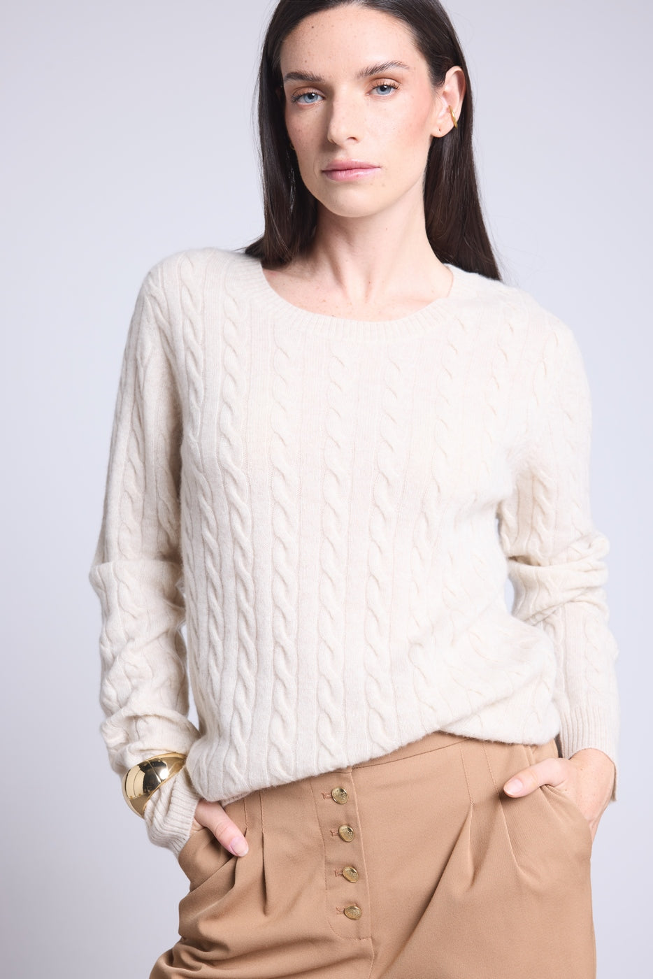 Jersey Isabella de cuello redondo trenzado - Crema - Mujer