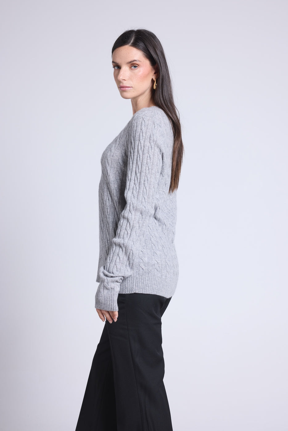 Jersey de cuello redondo trenzado Isabella - Gris - Mujer
