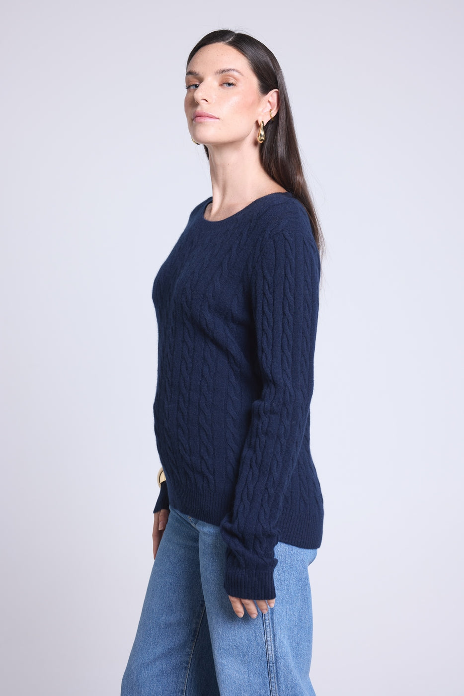 Jersey de cuello redondo trenzado Isabella - Azul marino - Mujer