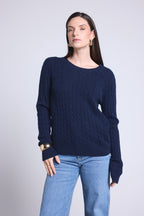 Jersey de cuello redondo trenzado Isabella - Azul marino - Mujer