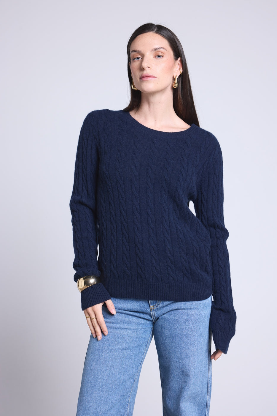 Jersey de cuello redondo trenzado Isabella - Azul marino - Mujer