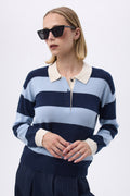 Sweter w paski z kołnierzykiem polo Ivy - Błękitny granatowy - Damski