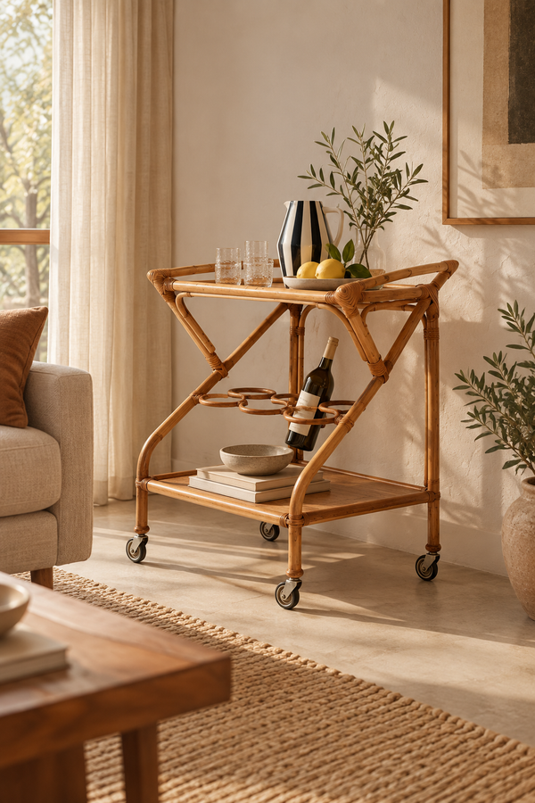 Carrello portavivande antico in rattan - Doppio ripiano - Beige