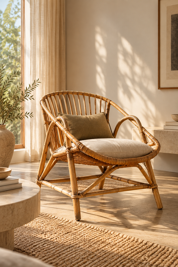 Poltrona a cesto vintage in rattan – design anni '60 - Beige
