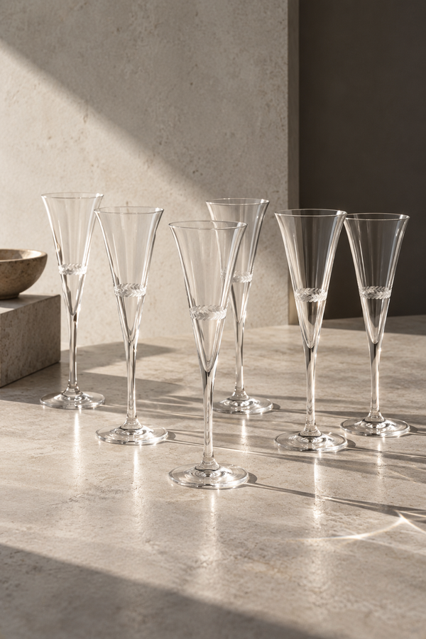 Set di 6 flûte da champagne in cristallo inciso/fatto a mano/1960 - Trasparente