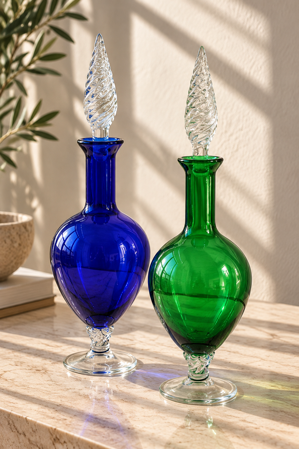 Coppia di caraffe in vetro smerigliato anni '60-'70 - verde e blu