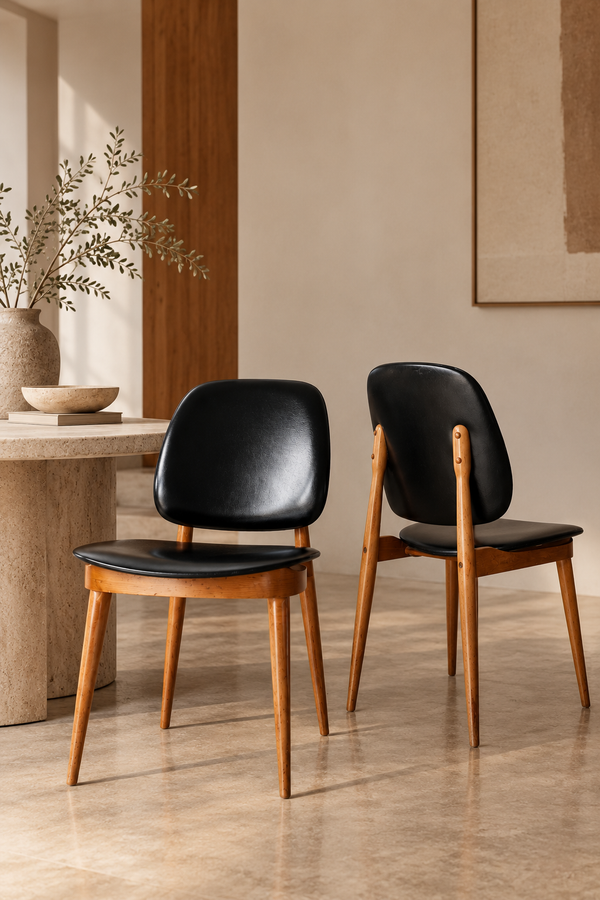 Coppia di sedie vintage anni ’60 - Gambe a compasso e similpelle nera - Nero