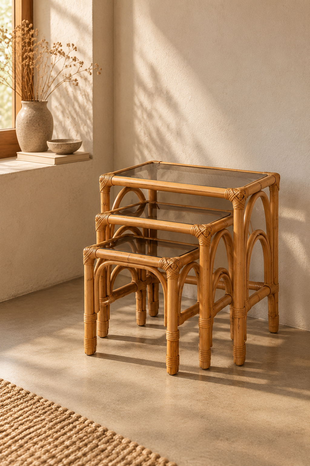 Série De 3 Tables Gigognes En Rotin Et Verre Fumé Années 70 - Bois