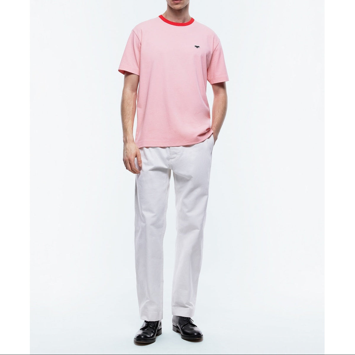 T-Shirt Rose Col Rouge Patch Logo - Saumon