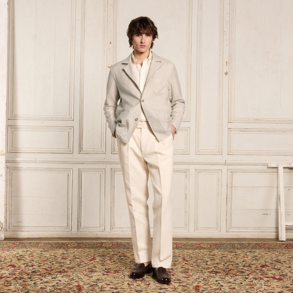 Veste Tailleur Déstructurée En Laine Et Lin Beige Chinée
