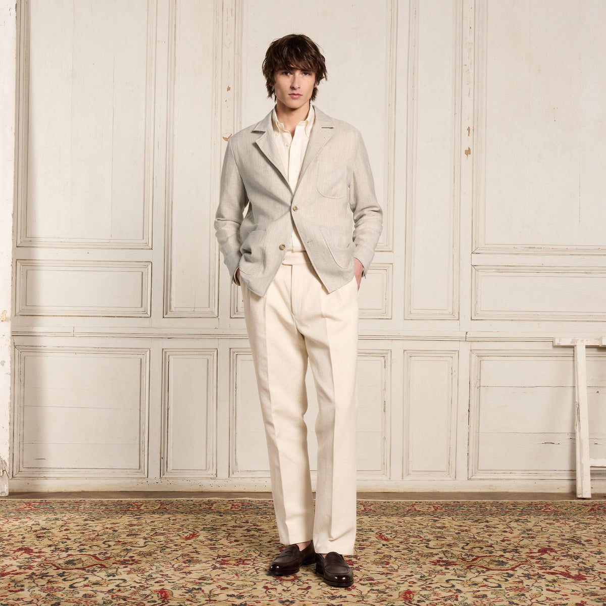 Veste Tailleur Déstructurée En Laine Et Lin Beige Chinée