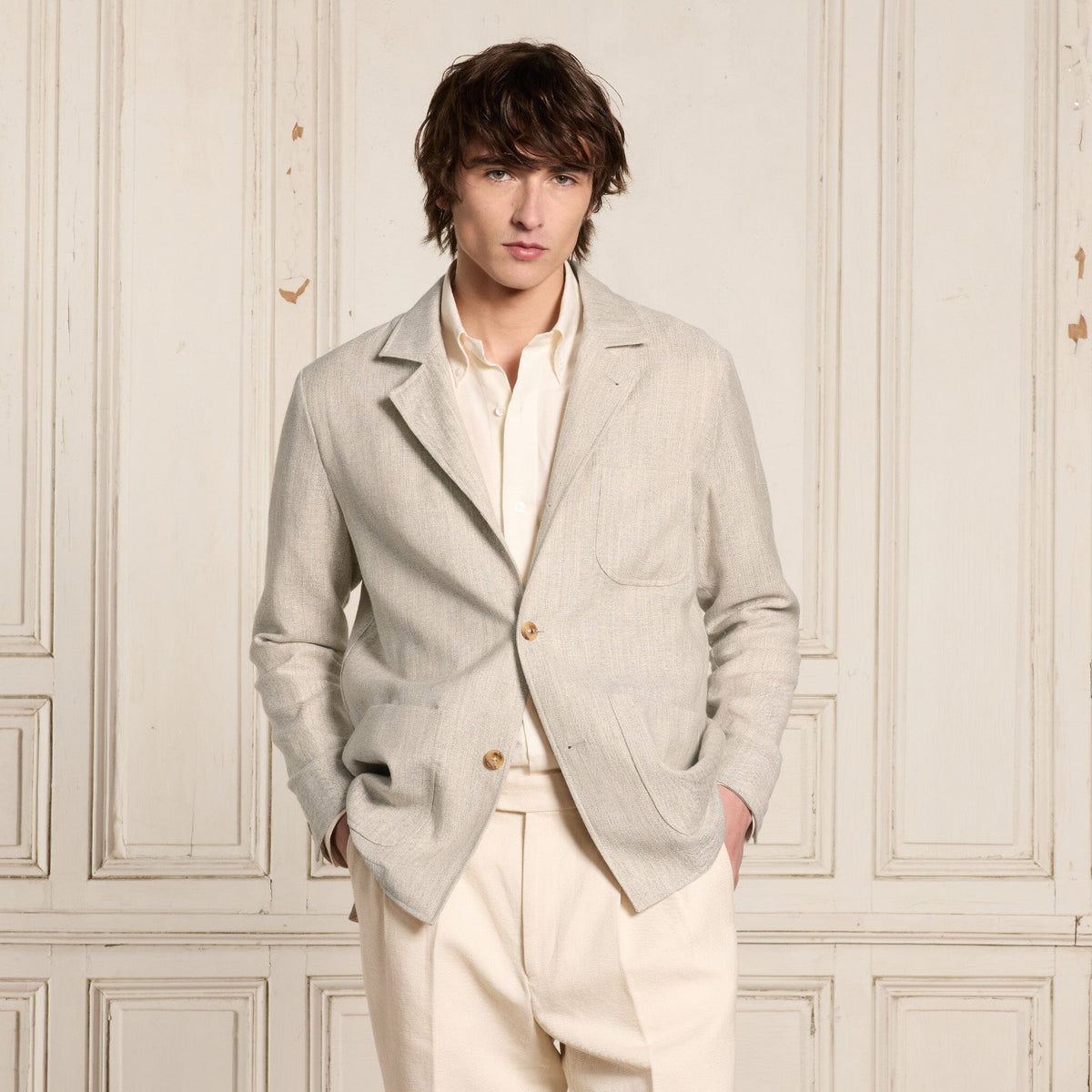 Veste Tailleur Déstructurée En Laine Et Lin Beige Chinée