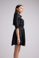 Short Dress - Jacquy Court Plain - Black