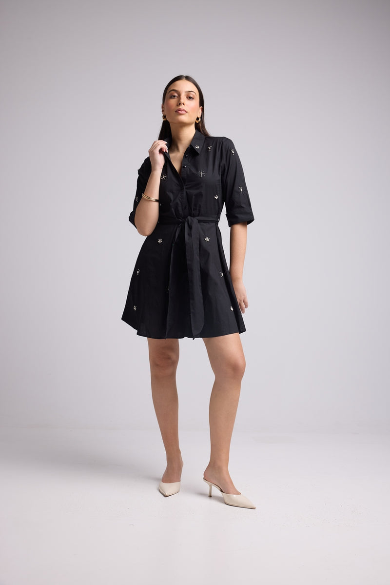 Short Dress - Jacquy Court Plain - Black