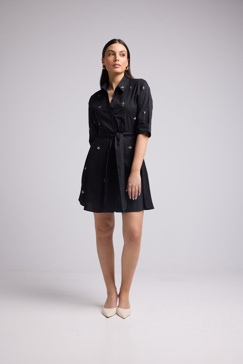 Short Dress - Jacquy Court Plain - Black