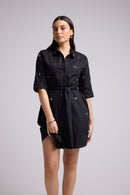 Short Dress - Jacquy Court Plain - Black