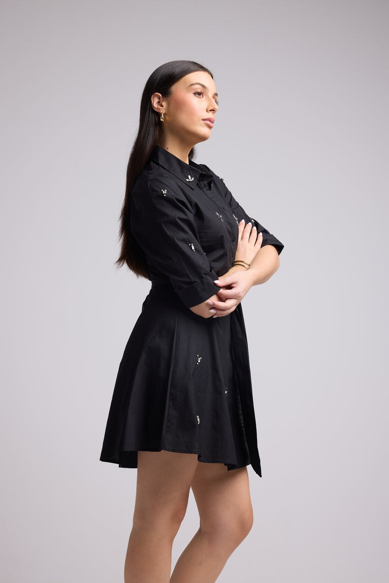 Short Dress - Jacquy Court Plain - Black