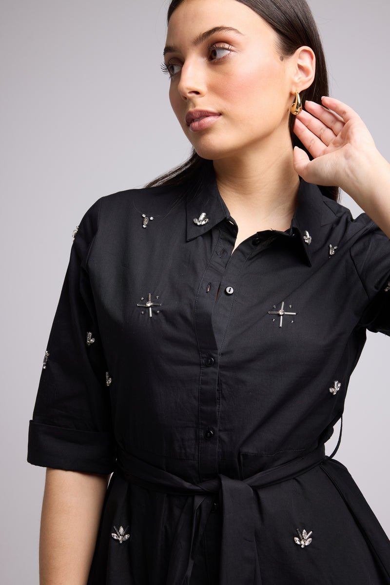 Short Dress - Jacquy Court Plain - Black
