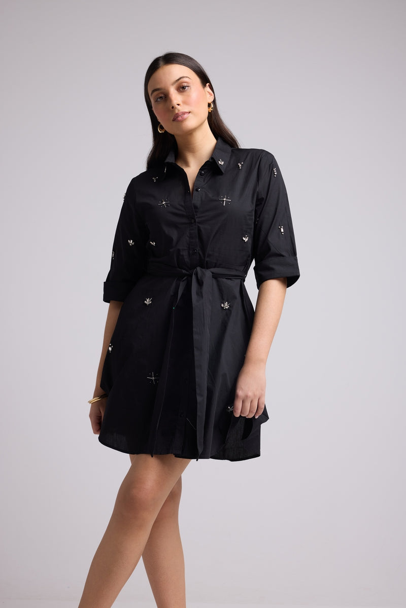 Short Dress - Jacquy Court Plain - Black