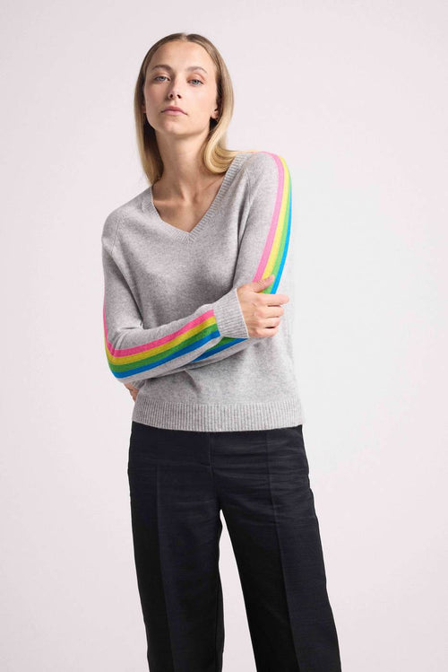 Jersey Java Rainbow Stripes Cuello en V - Gris Perla - 100% Cachemira Oeko-Tex - Mujer