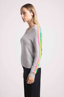 Jersey Java Rainbow Stripes Cuello en V - Gris Perla - 100% Cachemira Oeko-Tex - Mujer