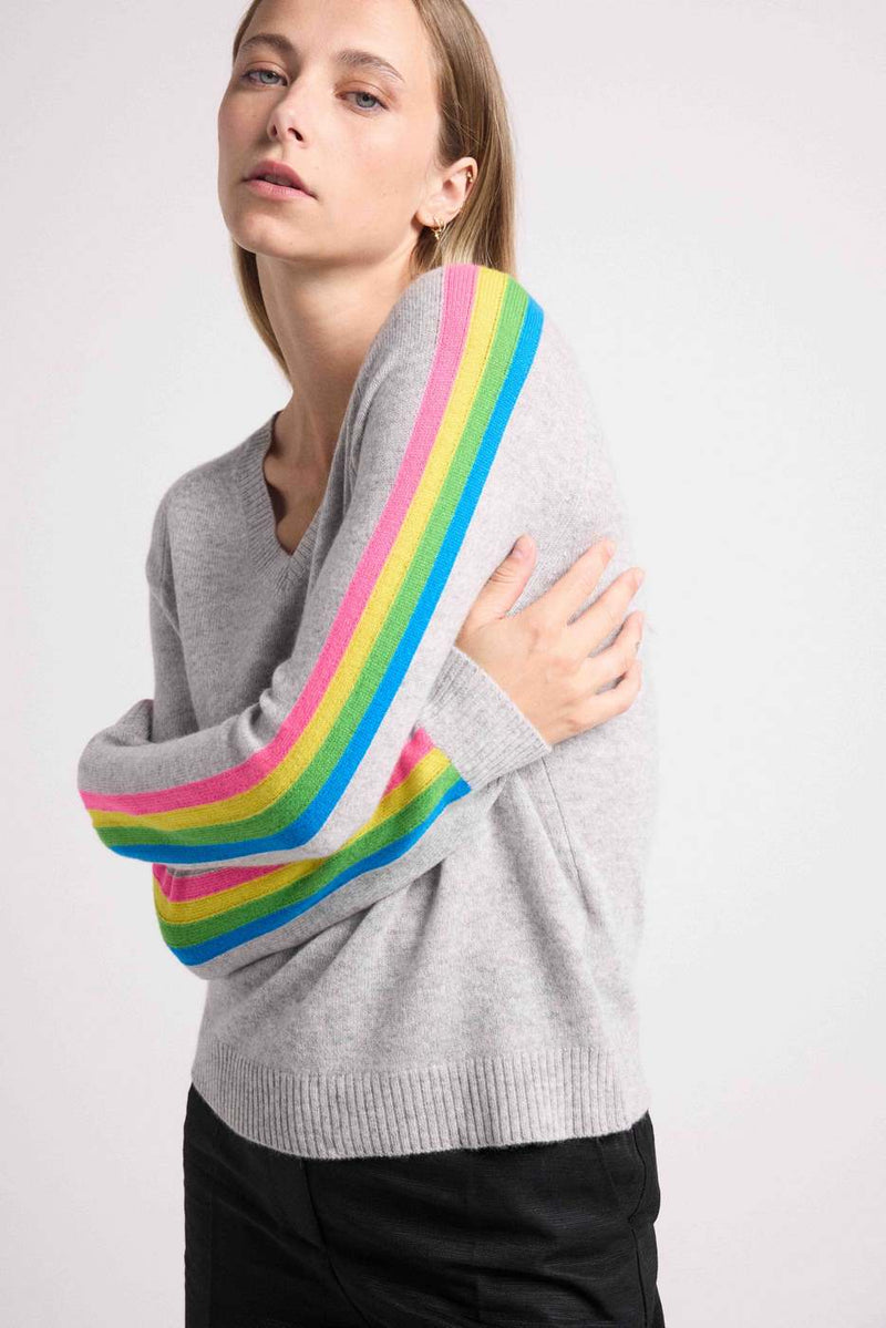 Jersey Java Rainbow Stripes Cuello en V - Gris Perla - 100% Cachemira Oeko-Tex - Mujer