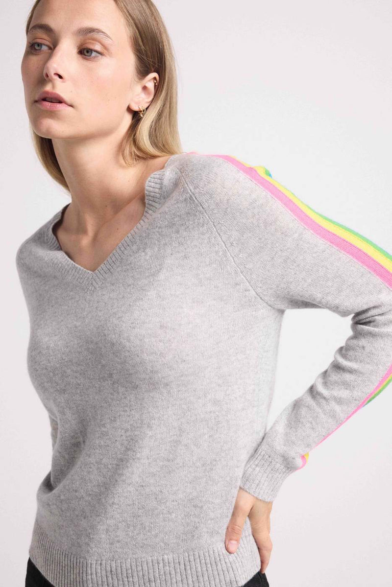 Jersey Java Rainbow Stripes Cuello en V - Gris Perla - 100% Cachemira Oeko-Tex - Mujer