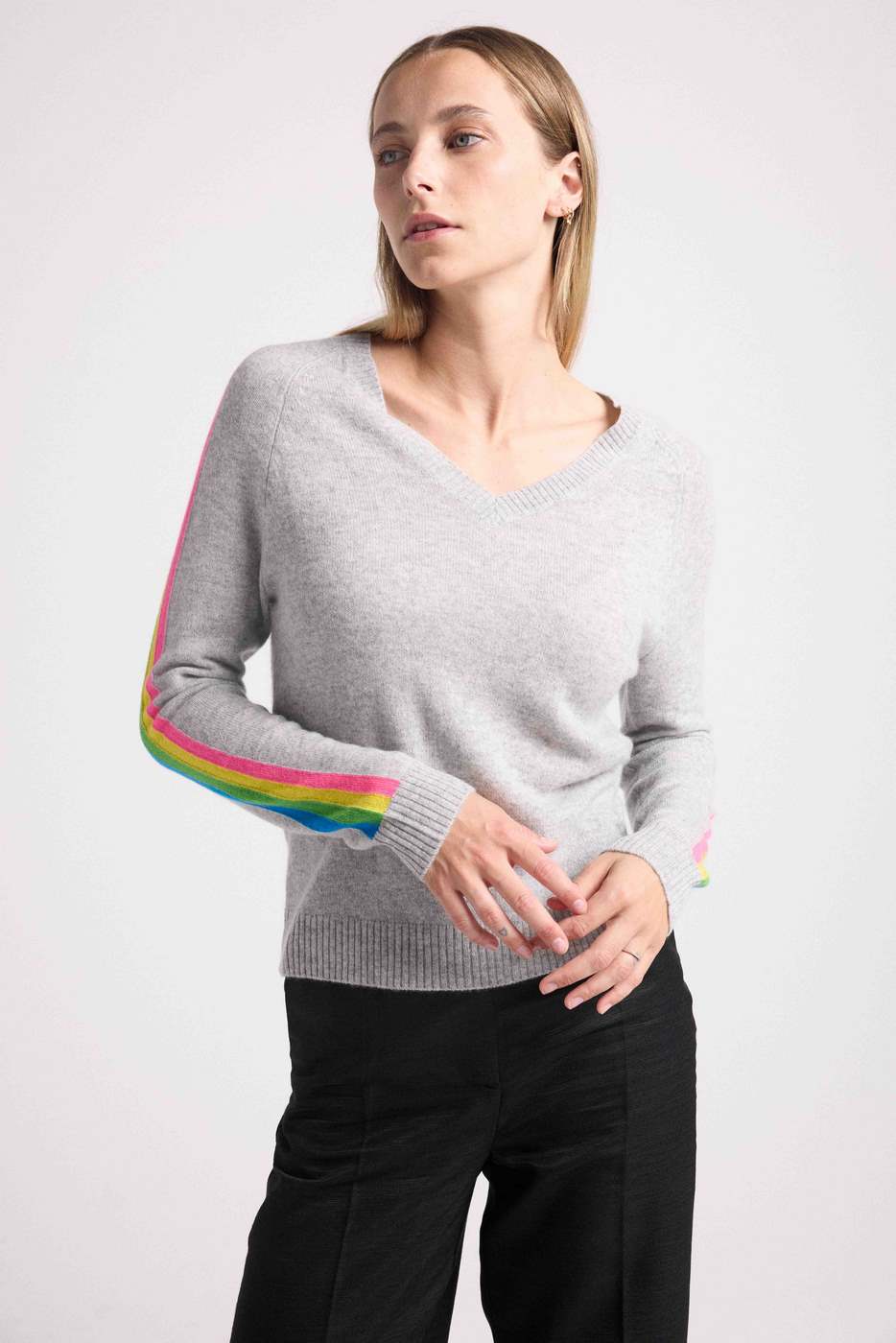 Maglione Scollo a V Righe Arcobaleno Maniche Java - Grigio Chiaro