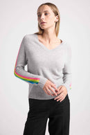 Pull Col V Bandes Arc En Ciel Manches Java - Gris Clair