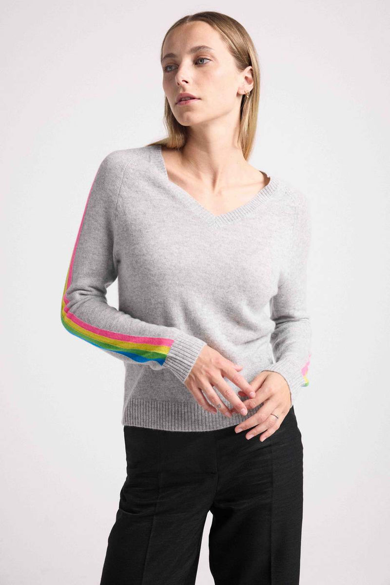 Pull Col V Manches Bandes Arc En Ciel Java - Gris Perle - 100% Cachemire Oeko-Tex - Femme