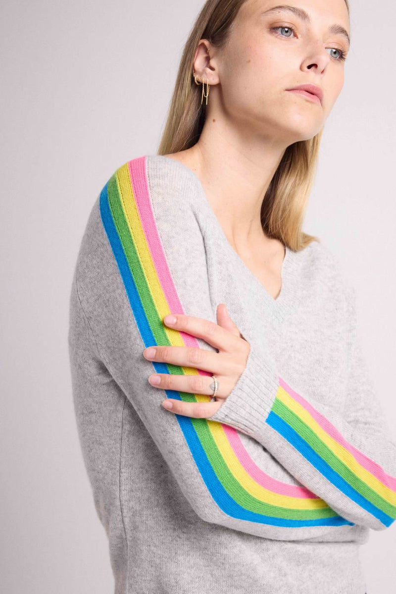 Java Rainbow Stripes V-Neck Sweater - Pearl Grey - 100% Cashmere Oeko-Tex - Woman