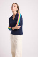 Jersey Java Rainbow Stripes Cuello en V - Azul Marino - 100% Cachemira Oeko-Tex - Mujer