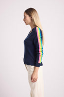 Java Rainbow Stripes V-Neck Sweater - Navy Blue - 100% Cashmere Oeko-Tex - Woman