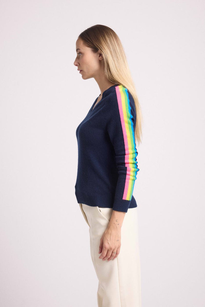 Jersey Java Rainbow Stripes Cuello en V - Azul Marino - 100% Cachemira Oeko-Tex - Mujer