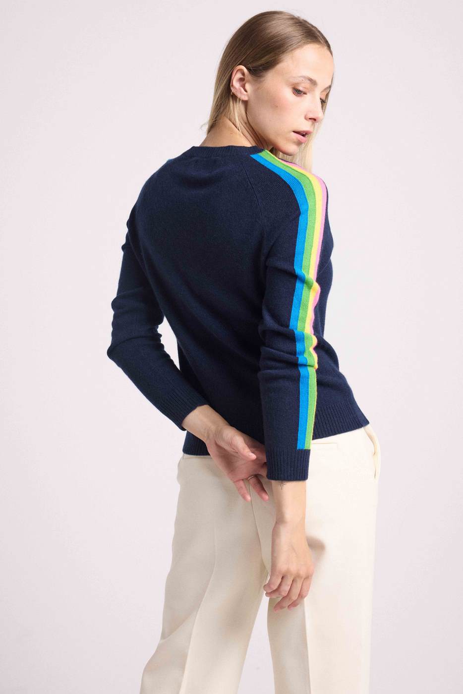 Maglione Scollo a V Righe Arcobaleno Maniche Java - Blu Marino