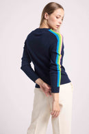 Jersey Java Rainbow Stripes Cuello en V - Azul Marino - 100% Cachemira Oeko-Tex - Mujer