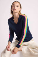 Jersey Java Rainbow Stripes Cuello en V - Azul Marino - 100% Cachemira Oeko-Tex - Mujer