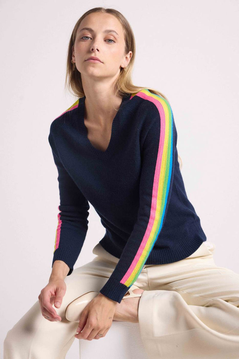 Jersey Java Rainbow Stripes Cuello en V - Azul Marino - 100% Cachemira Oeko-Tex - Mujer