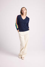 Java Rainbow Stripe Sleeve V-Neck Jumper - Navy Blue