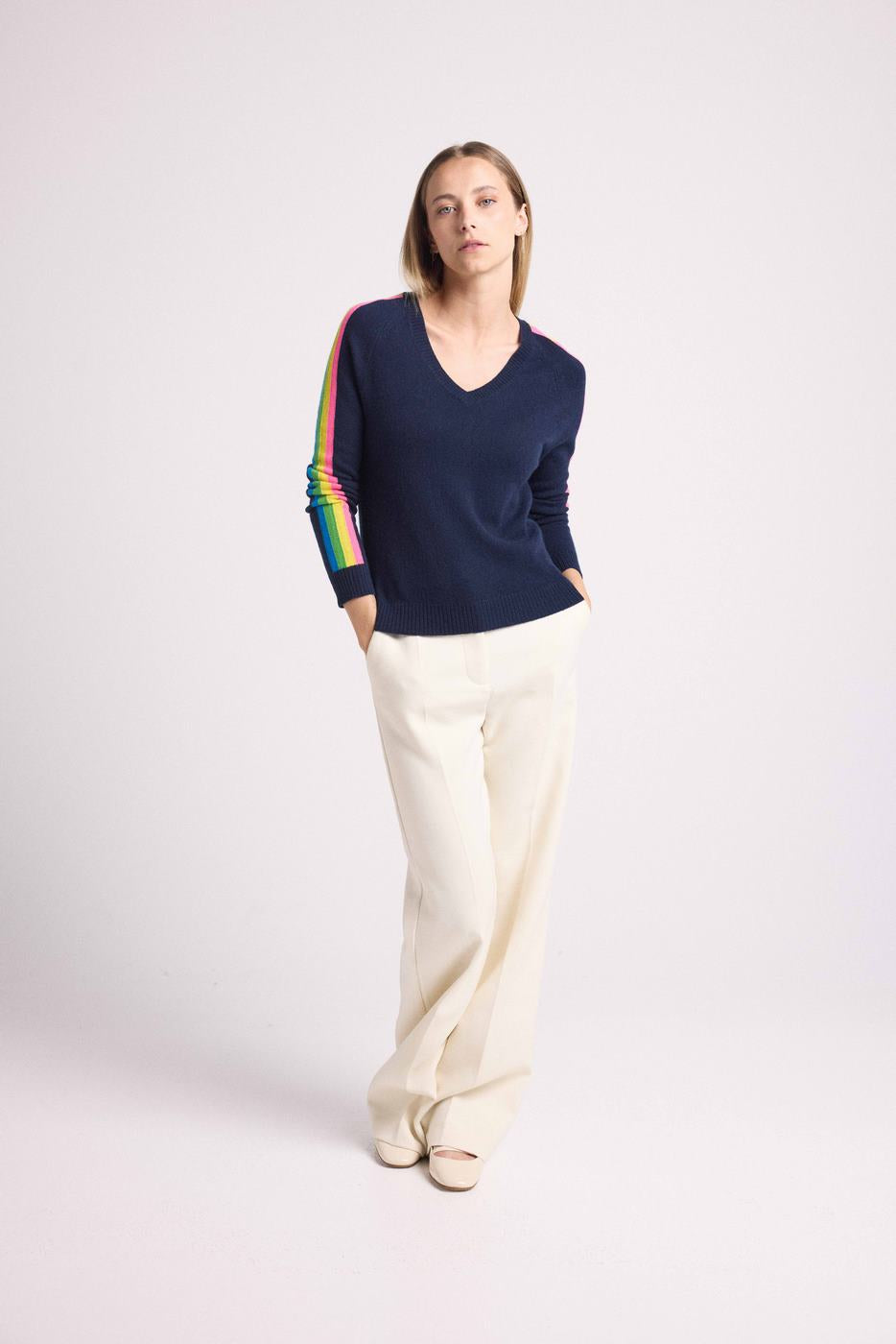 Java Rainbow Stripe Sleeve V-Neck Jumper - Navy Blue