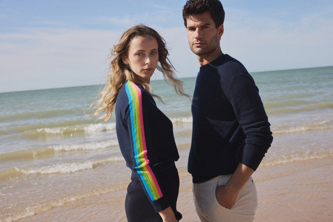 Java Rainbow Stripe Sleeve V-Neck Jumper - Navy Blue