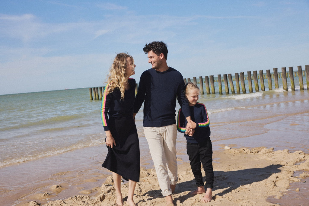 Java Rainbow Stripe Sleeve V-Neck Jumper - Navy Blue